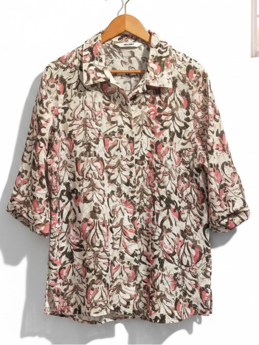 Alia Pink Brown Burnout Button Front 3/4 Sleeve Blouse Size M